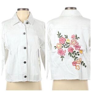 Rafaella Weekend floral Embroidery white denim 3/4 sleeved jacket sz Large